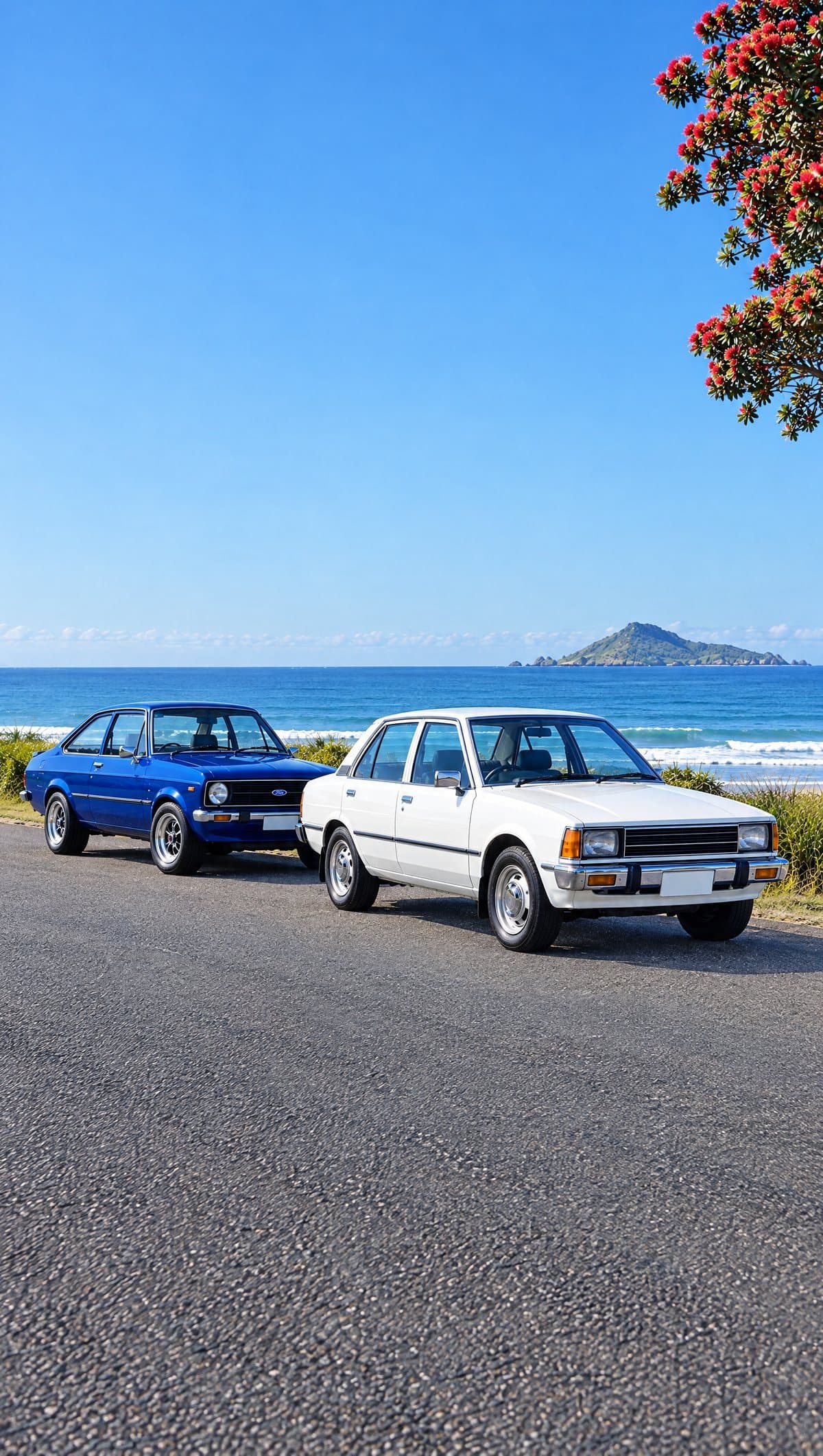 A white Corolla and a blue Escort parked on a coast road beside the sea