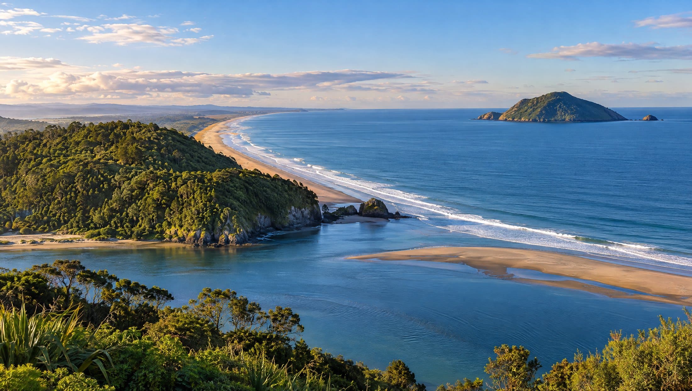 The Whakatāne coast with Moutohorā Whale Island offshore